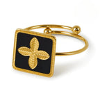Anel Trevo Preto Ajustável Banhado a Ouro 18K