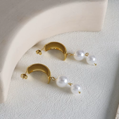 Brinco Longo Dupla Pérola Banhado a Ouro 18K