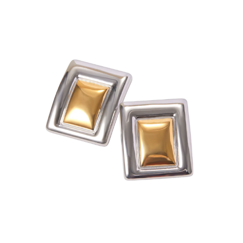 Brinco Retangulares Prata e Dourado Banhado a Ouro 18K