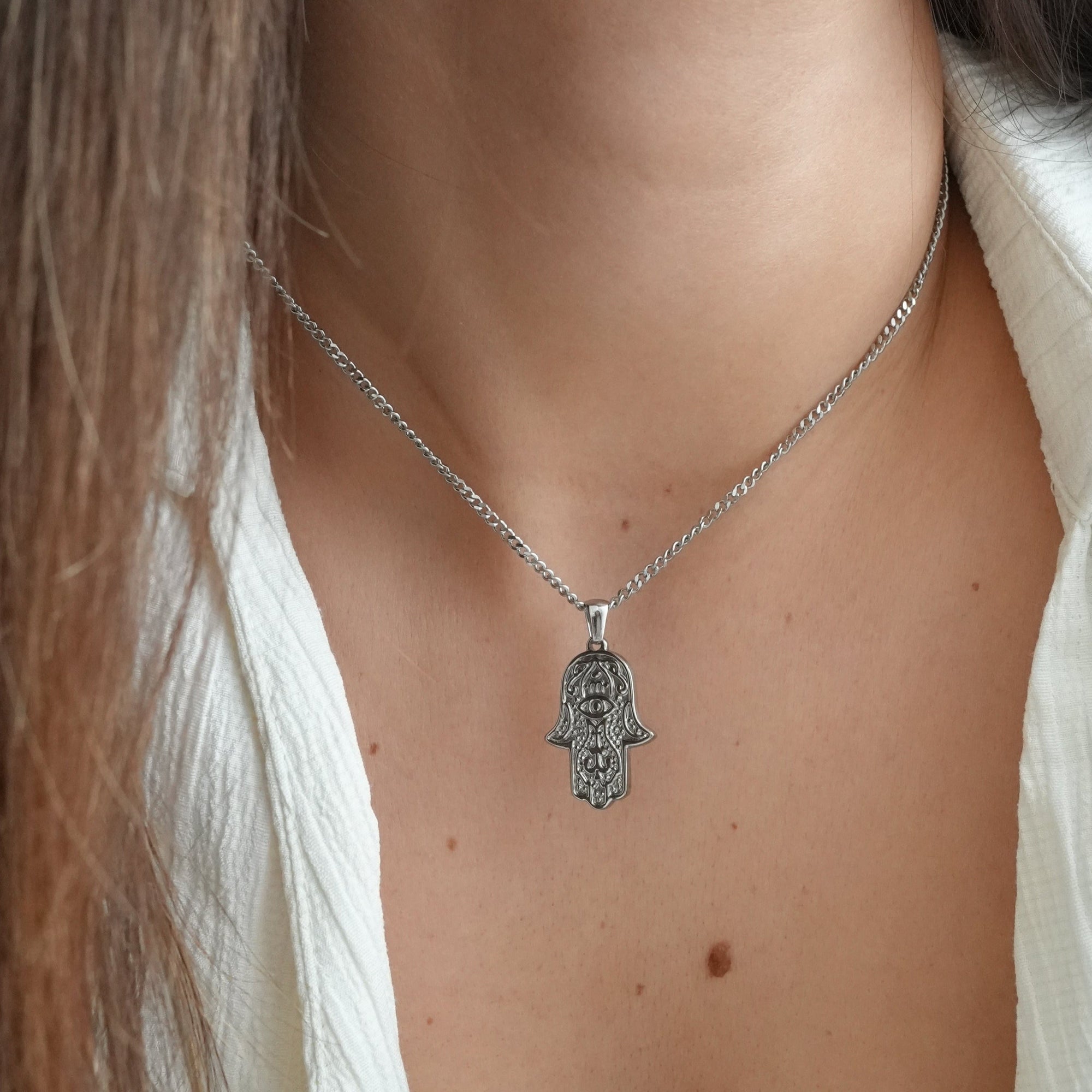 Colar Pingente Mão Hamsa Prata