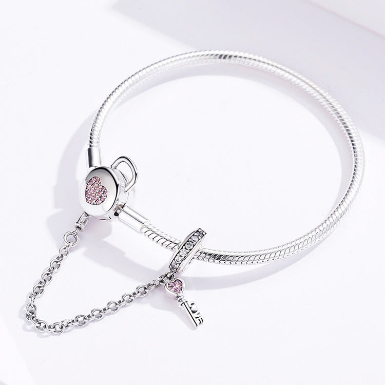 Pulseira de Berloques com Fecho de Coração e Trava de Segurança - Prata 925