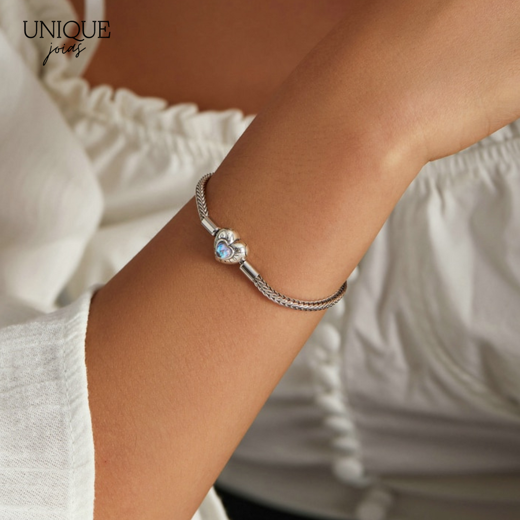 Pulseira de Berloque Trançada com Fecho Coração Fantasy - Prata 925