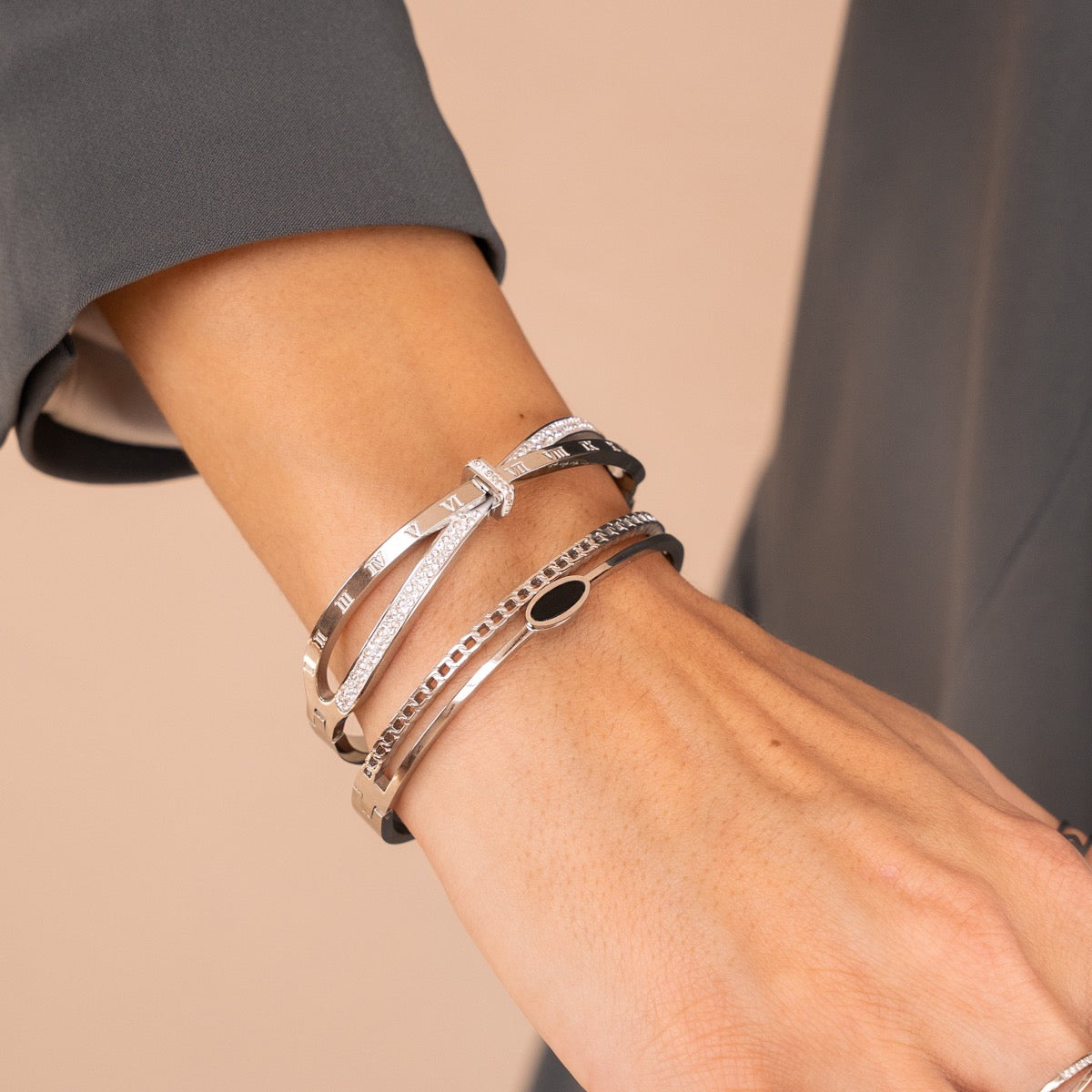 Bracelete Dupla Camada com Pedra de Onix Prata