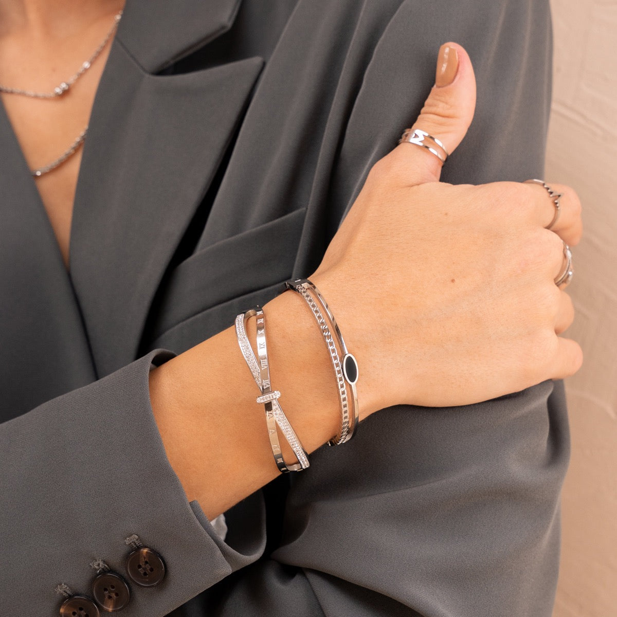 Bracelete Dupla Camada com Pedra de Onix Prata
