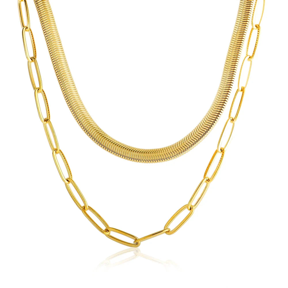 Colar Duplo Malha e Elos Banhado a Ouro 18K