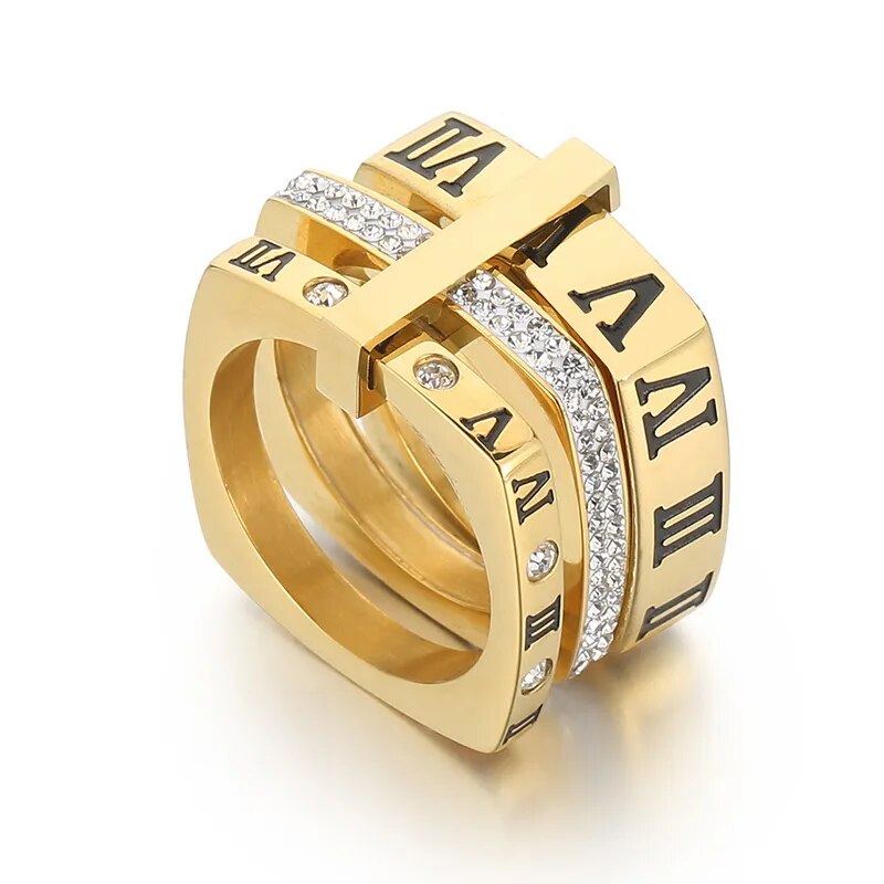 Anel Triplo Romano Quadrado Banhado Em Ouro 18k