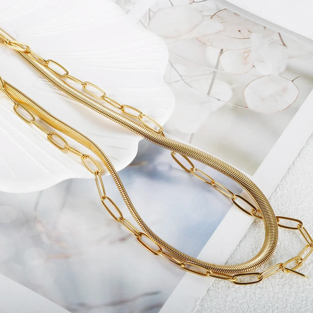 Colar Duplo Malha e Elos Banhado a Ouro 18K