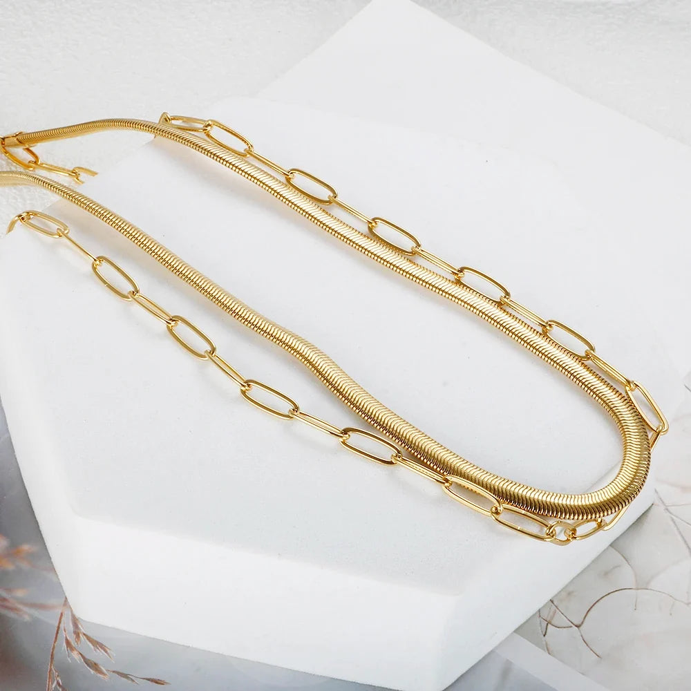 Colar Duplo Malha e Elos Banhado a Ouro 18K